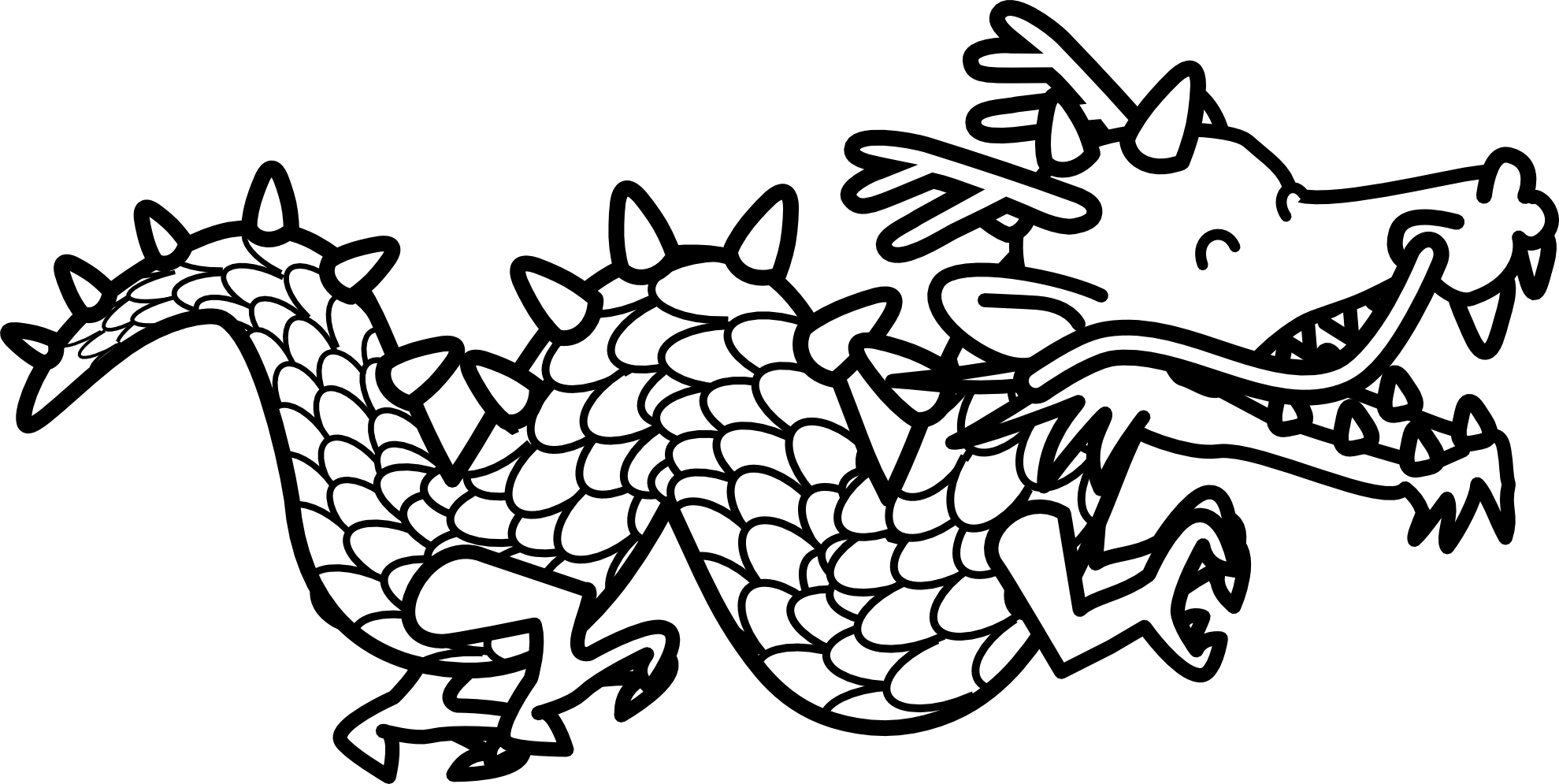 Dragon 2 Black White Line Art Coloring Book Colouring - Clip Art Dragon Black And White (1979x995), Png Download