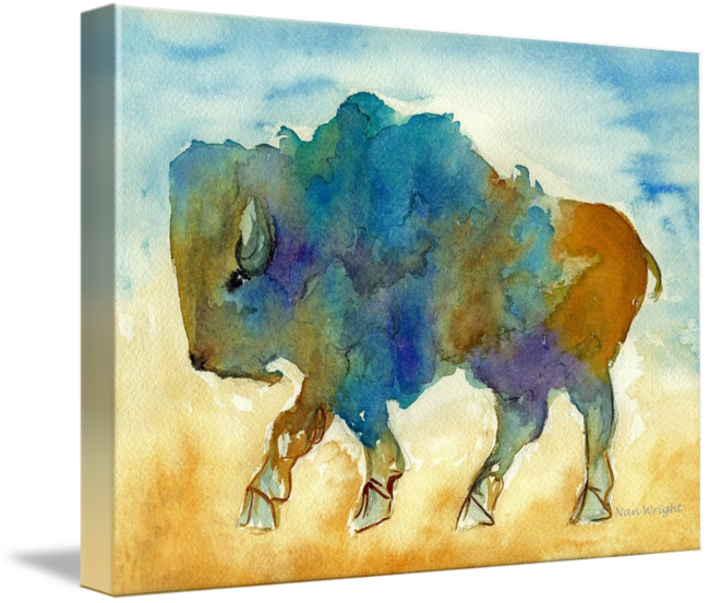Roaming Buffalo By Nan Wright - Abstract Buffalo In Blue Rust And Yellow (650x553), Png Download