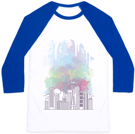 Seattle Graphic Watercolor Cityscape Baseball Tee - Cats And Bernie Sanders (484x484), Png Download
