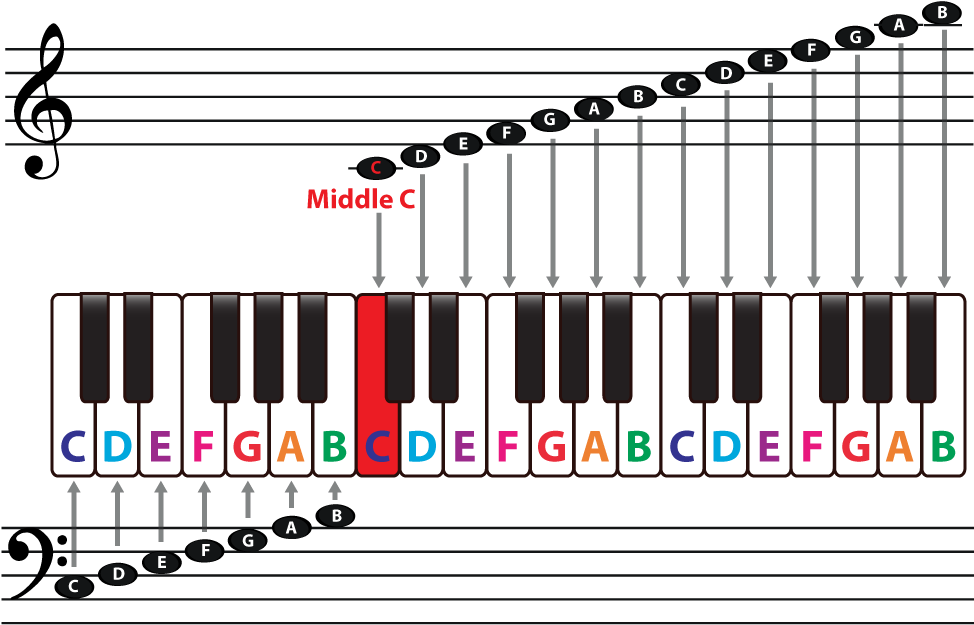 Continue To Sharps And Flats Steps And Accidentals - Middle C On A Keyboard Staff (973x701), Png Download