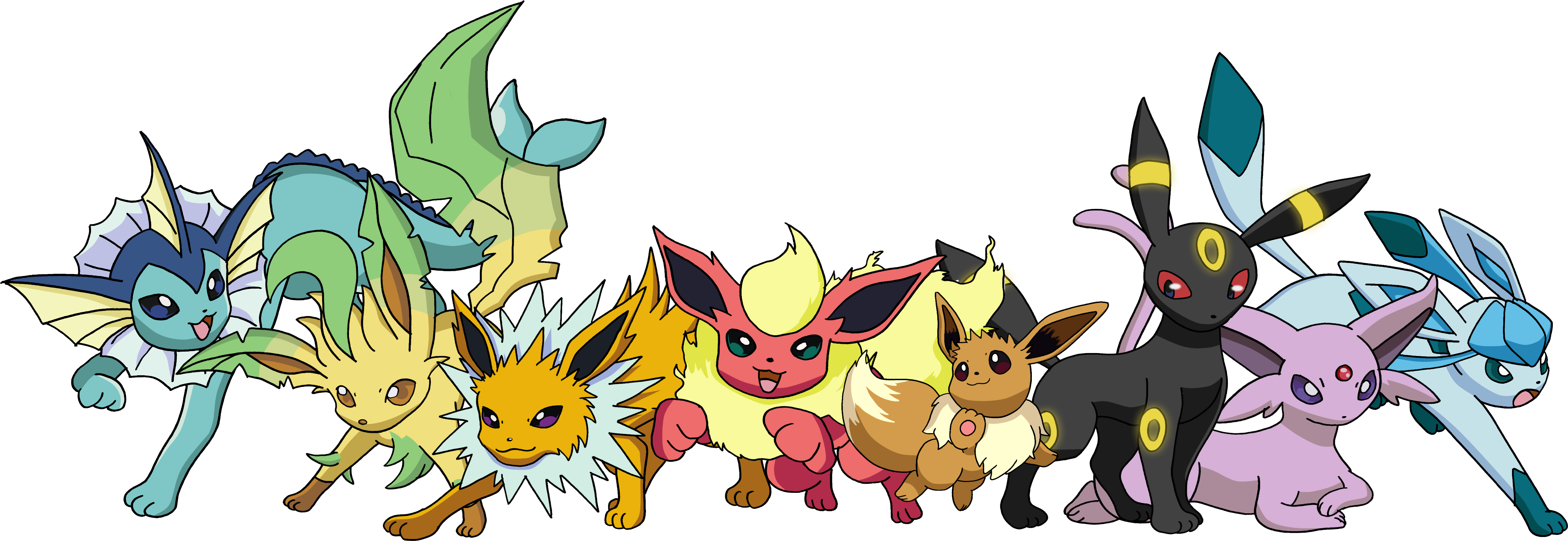 Collection Of Free Umbreon Transparent Eevee Evolution - Eevee Vaporeon Jolteon Flareon Espeon Umbreon Leafeon (5400x1942), Png Download