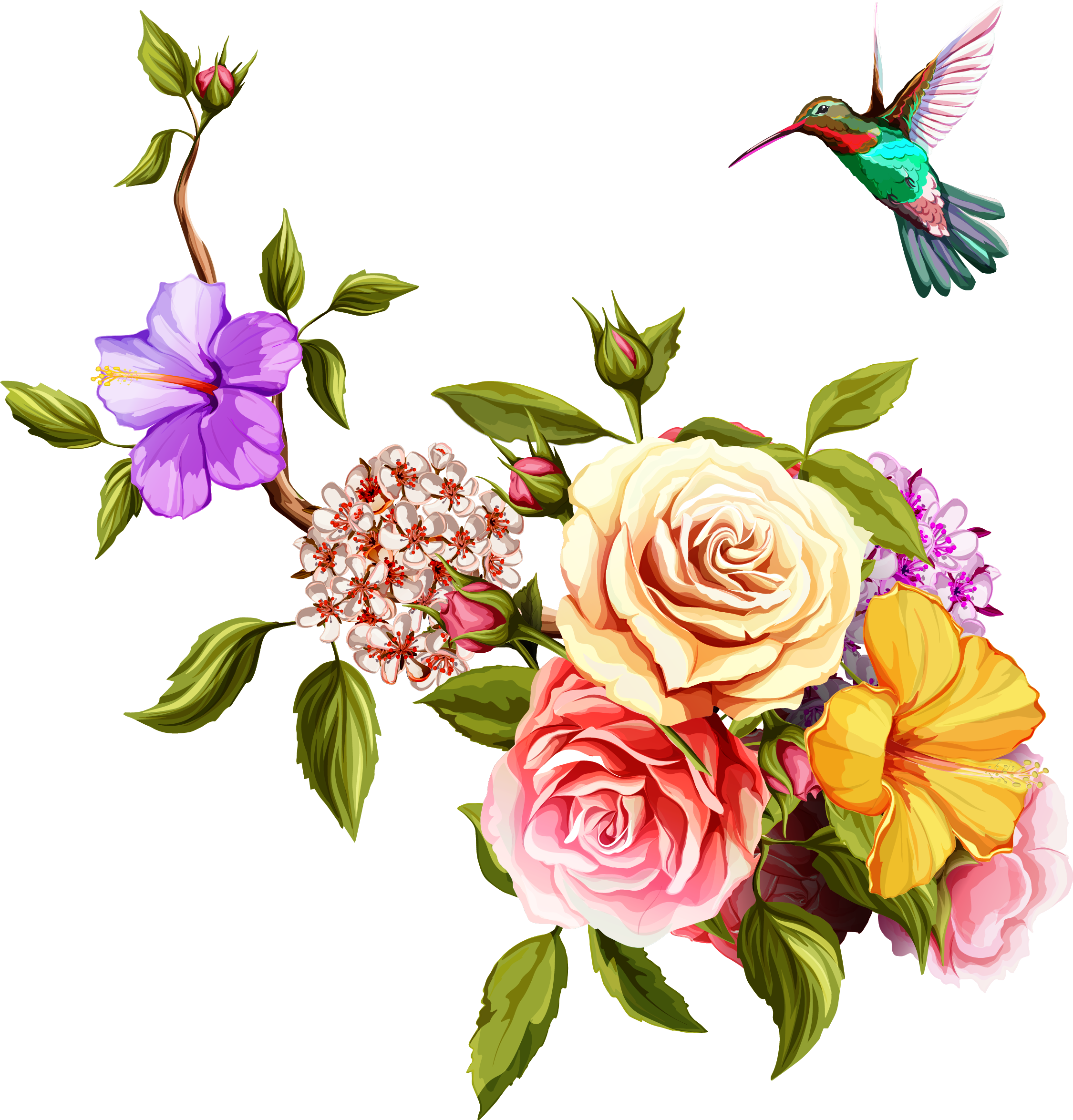 Transparent Watercolor Painting Flowers And Birds Transprent - Old Rose Hummingbird Png Birds And Flowers Border (2250x2349), Png Download