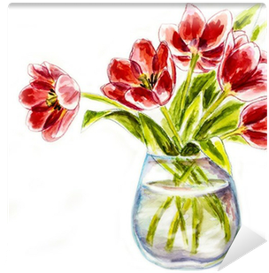 Spring Flowers In Vase, Watercolor Illustration Wall - Vazoda Cicek Suluboya (400x400), Png Download