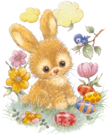 Kanin010 - Cute Easter Bunny With Flowers And Greeting Cards (379x457), Png Download