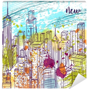 Vintage Colorful Hand Drawn City Landscape And Splashes - New York Colorato (400x400), Png Download