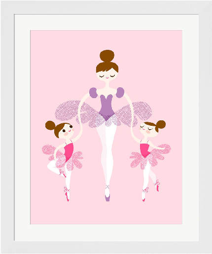 Ballerina & Twins In Pink & Purple Framed Art Print - Cartoon Ballet Mom Daughter (540x540), Png Download