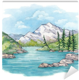 Watercolor Illustration Of Lake And Mountains Wall - Aquarell See (400x400), Png Download