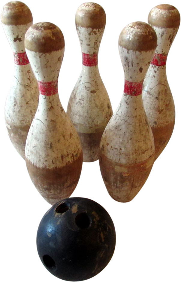 Five Vintage Wooden Bowling Pins & Black Wooden Bowling - Vintage Bowling Pins (937x937), Png Download