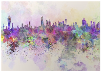 Kuwait City Skyline In Watercolor Background Poster - Kuwait Painting (400x400), Png Download