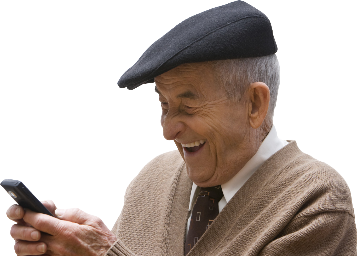 Old Man Laughing At His Phone [1366 × 982] - Old Man With Iphone (1366x982), Png Download