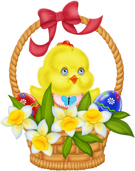 Easter Basket With Eggs Chicken And Daffodils Png Picture - Easter Basket With Flowers Clip Art (461x600), Png Download