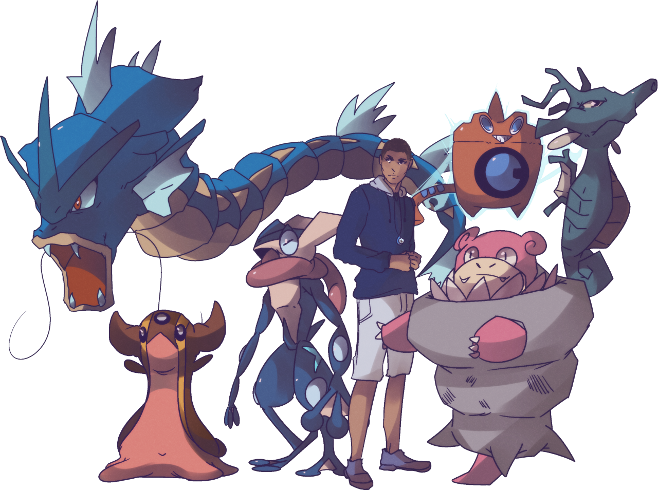 Water Master Team Commission Gyarados, Tritodon, Gekkouga, - Pokemon Team Commission (1280x954), Png Download
