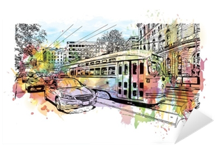 Watercolor Splash With Sketch Of Trolley Car Moves - House (400x400), Png Download