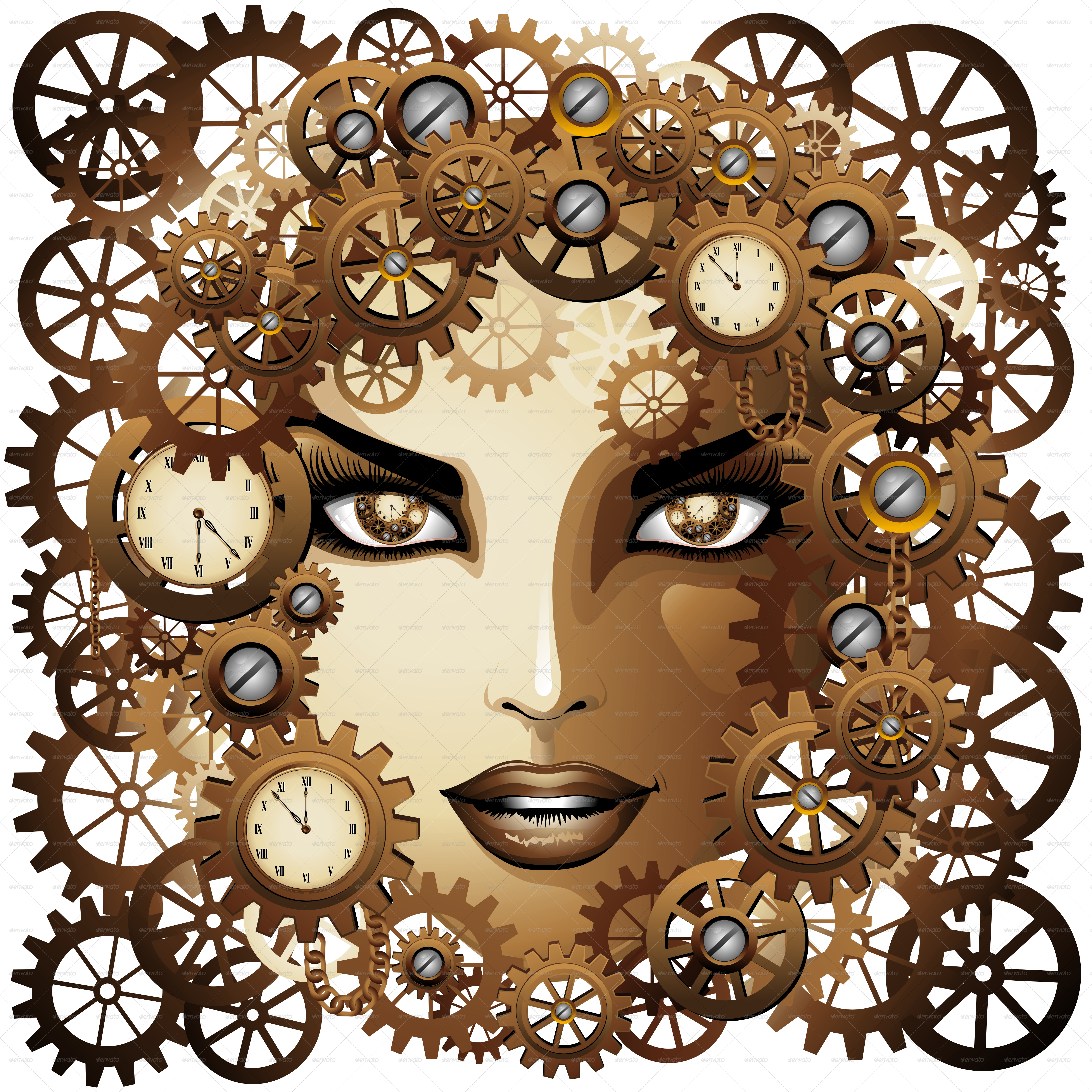 Clipart Black And White Girl Portrait By Bluedarkat - Steampunk Girl Face Drawing (5000x5000), Png Download