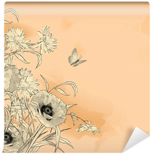 Watercolor Pencil Drawing Flowers Butterfly Wall Mural - Drawing (400x400), Png Download