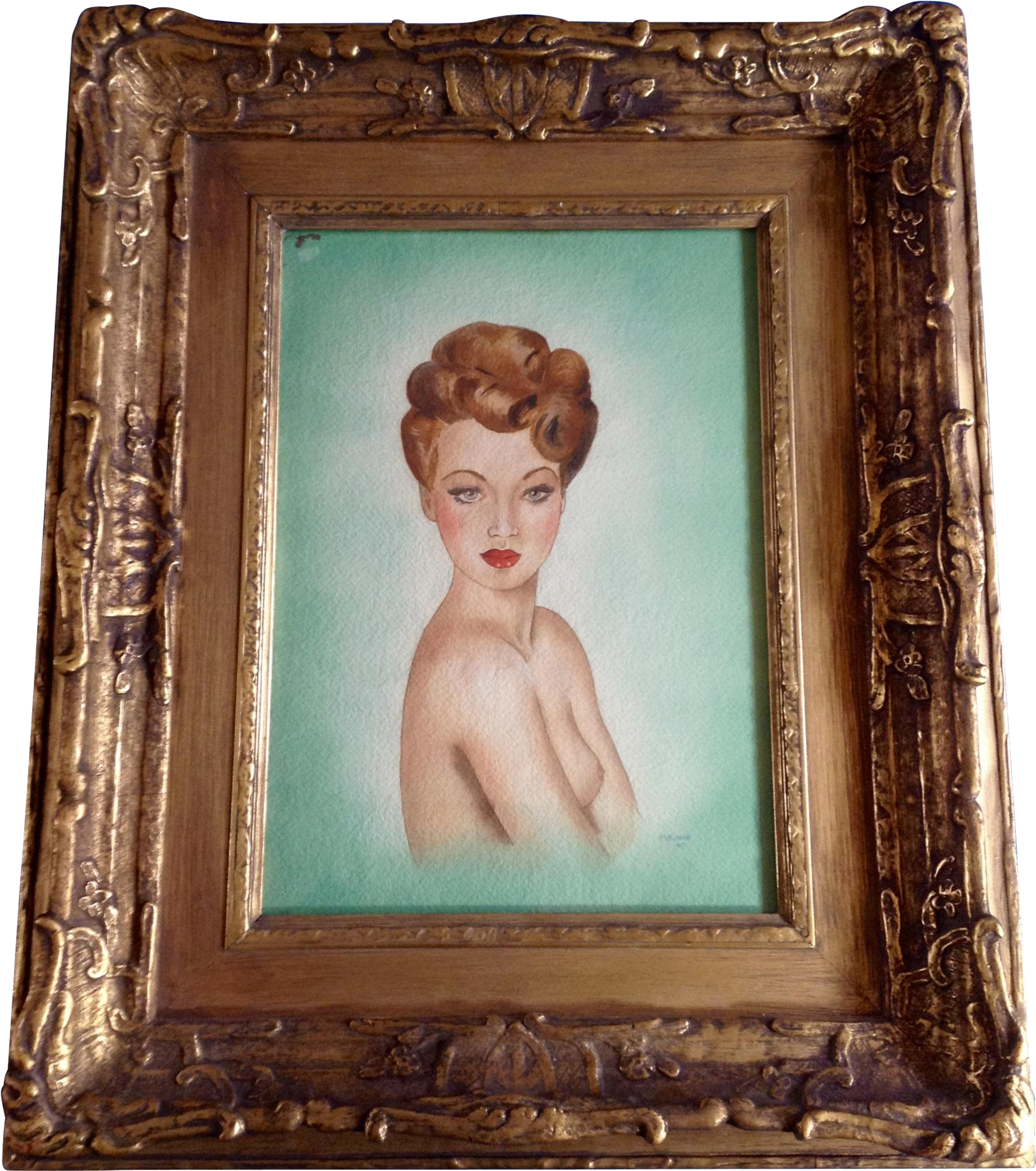 M Buame, Brunette Head Pinup Girl 1947 Watercolor Painting - Picture Frame (2048x2048), Png Download