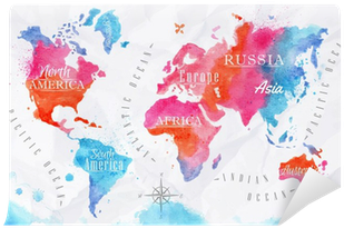 Watercolor World Map Pink Blue Self-adhesive Wall Mural - Carte Du Monde Noir Et Blanc (400x400), Png Download