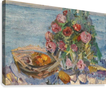 Still Life With Roses And Fruits Canvas Print - Konstantin Korovin (428x353), Png Download