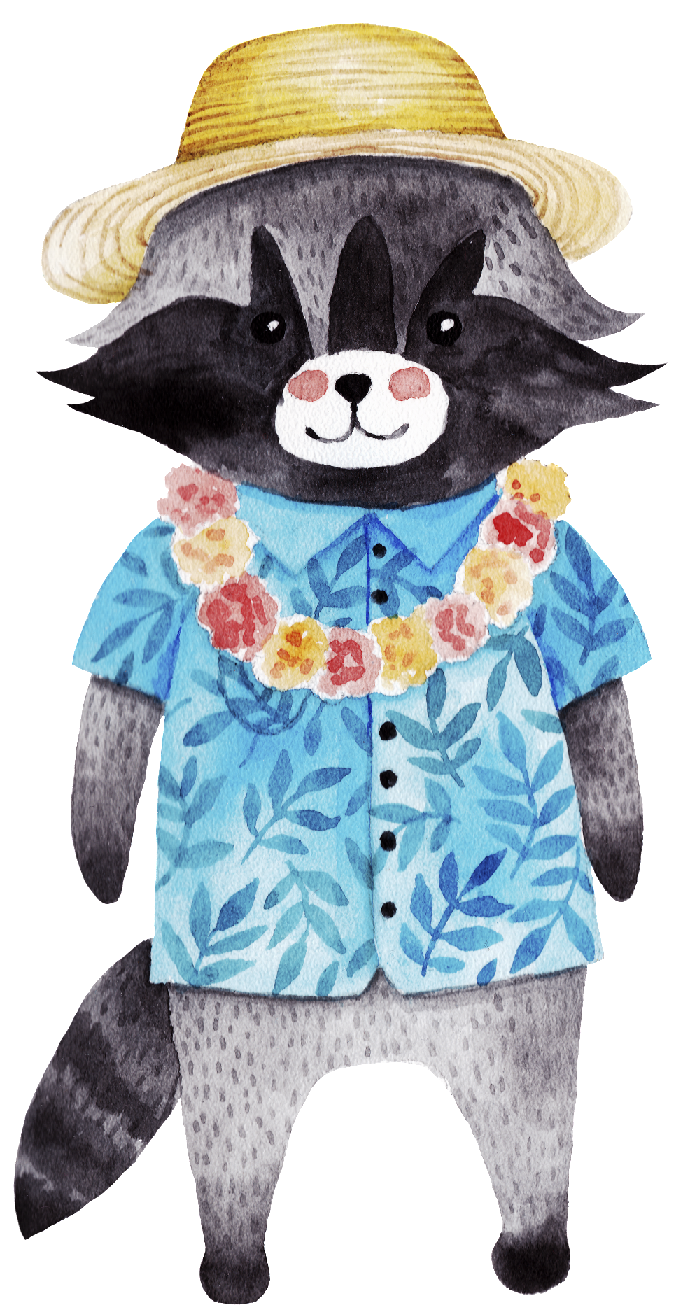 Hawaiian Style Raccoon Png Transparent - Watercolor Painting (1024x1910), Png Download