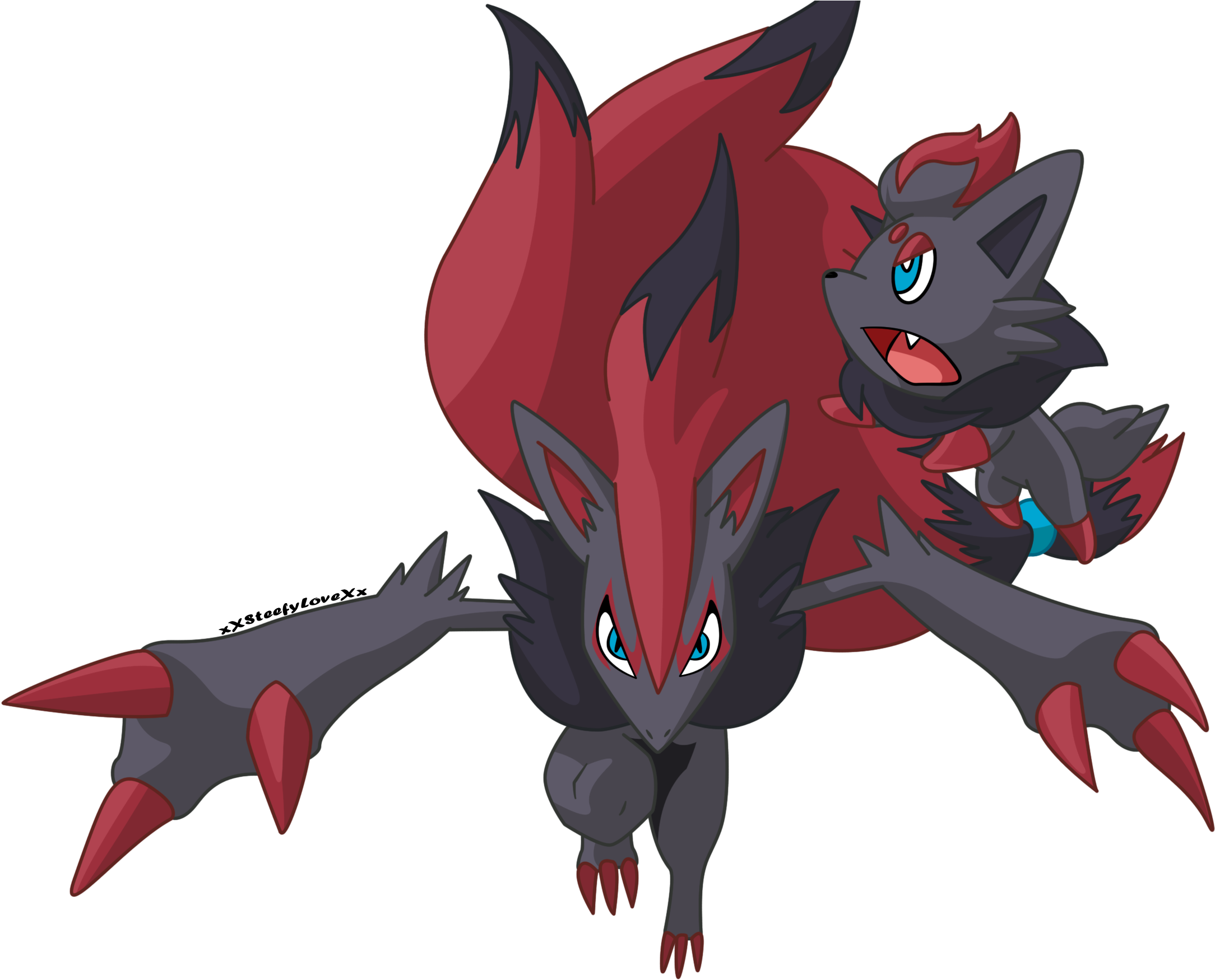 Zoroark And Zorua Jump By Xxsteefylovexx-d4nq6vf - Zorua And Zoroark (2220x1780), Png Download