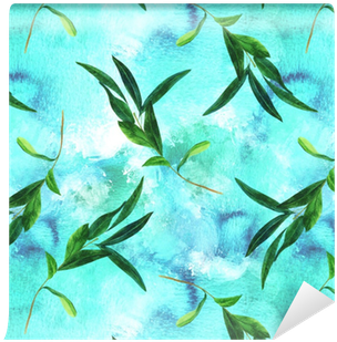 Seamless Pattern With Watercolor Olive Branch On Blue - Background Website (400x400), Png Download