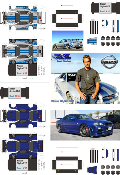 Paul Walker Set Cars - Fast And Furious Papercraft (409x598), Png Download