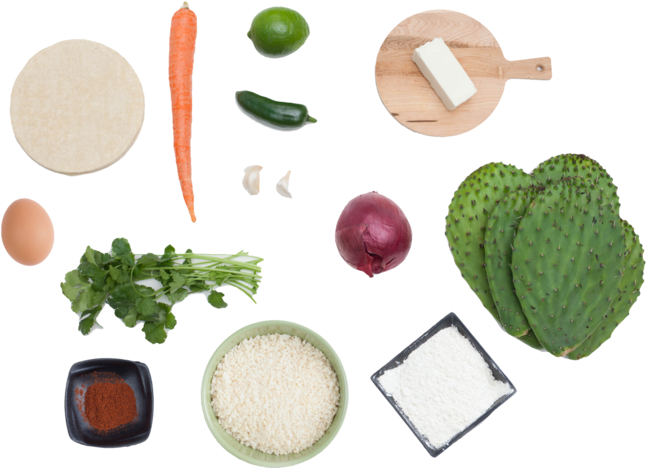 Nopales Tempura Tacos With Chipotle Vegetables & Cotija - Vegetable From Top Png (700x467), Png Download