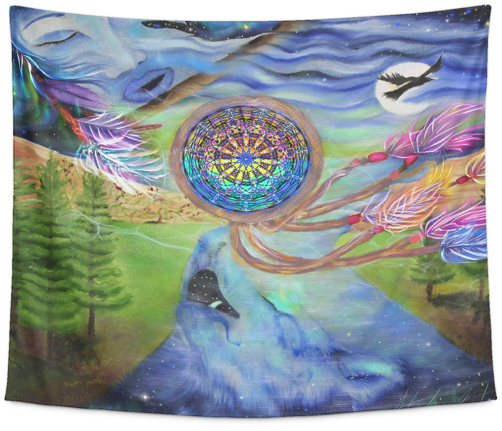 Tribal Wolf Dream Catcher Tapestry (1024x1024), Png Download