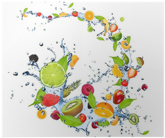 Fresh Fruits Falling In Water Splash On White Background - Kasily Fruit Infusing Drinks Bottle - Sport Bottle (400x400), Png Download