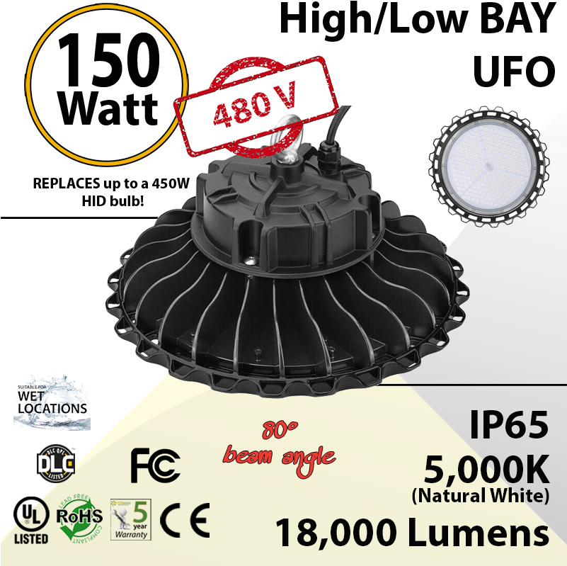 150w 480v Led High Bay Light Ufo 18000 Lm 5000k - Glt 150 Watt - 18100 Lumens - Led High Bay - 400w Equal (800x806), Png Download