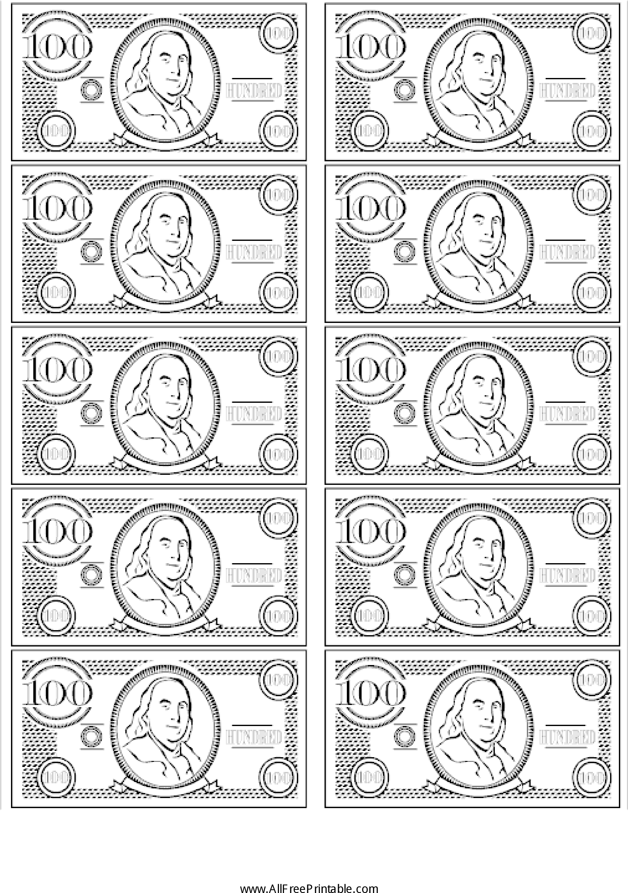100 Bill Fake Money Main Image Printable Play Money Black And White 