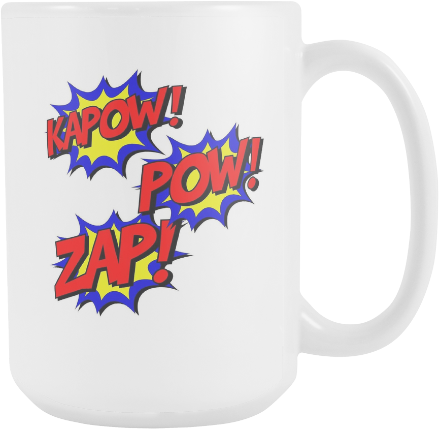 Kapow Zap Pow Comic Book Coffee Mug - Red, Yellow And Blue Kapow! Comic Book Themed Shower (1024x1024), Png Download
