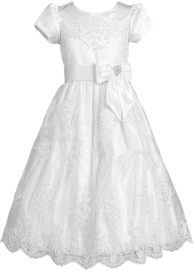 Floral Corded Lace Tulle Overlay Girls First Communion - White Black Dress For Girls (400x600), Png Download