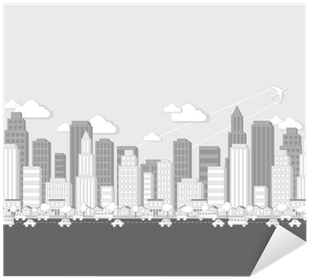 Black And White Cartoon City Landscape Sticker • Pixers® - Drawing (400x400), Png Download
