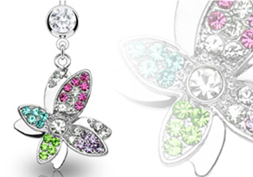 Nal7722z - Flying Butterfly Dangle Multicolor Gem Stainless Steel (1050x350), Png Download