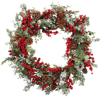 Decorative Wreath With Pine Cones And Red Berries - Wreath (390x390), Png Download