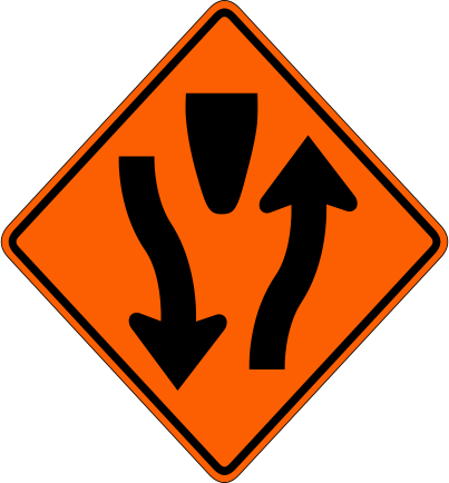 W1-6 Divided Highway - Slow Down And Proceed Straight Ahead Sign (403x434), Png Download