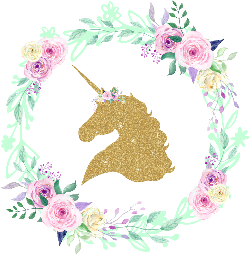 Gold Glitter Unicorn Center Floral Wreath Iron On - Glitter Unicorn (530x530), Png Download