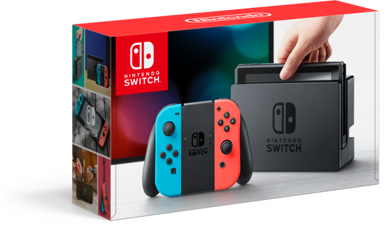 Learn More > - Nintendo Switch With Neon Blue And Neon Red Joy‐con (540x318), Png Download