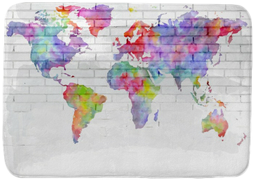 Watercolor World Map On A Brick Wall Bath Mat • Pixers® - Map Of The World Black (400x400), Png Download