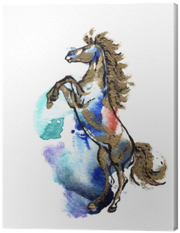 Rearing Horse Black And Gold Drawing On A Watercolor - Watercolor Painting (400x400), Png Download