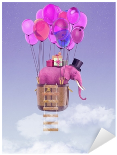 A Pink Elephant Flies On Balloons Across The Sky - Balloon (400x400), Png Download