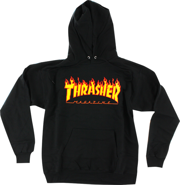 Thrasher Magazine Flame Logo Pullover Sweatshirt - Thrasher Flame Logo Hoodie Black (584x600), Png Download