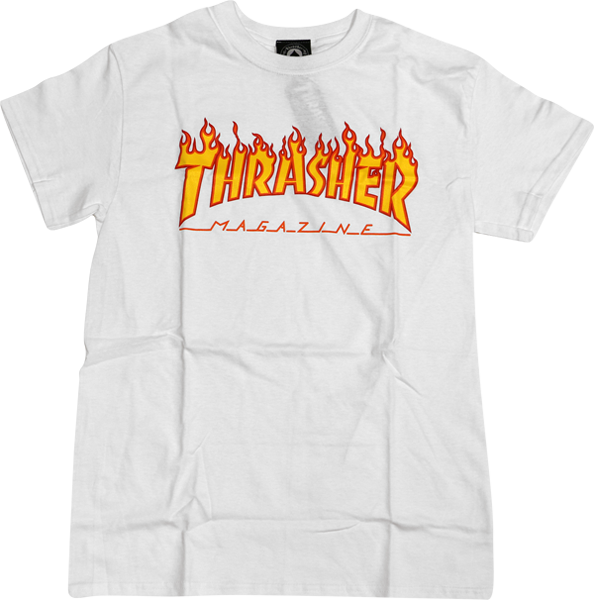 Thrasher Magazine Flame Logo T-shirt - Thrasher Flame Ss L-white (594x600), Png Download