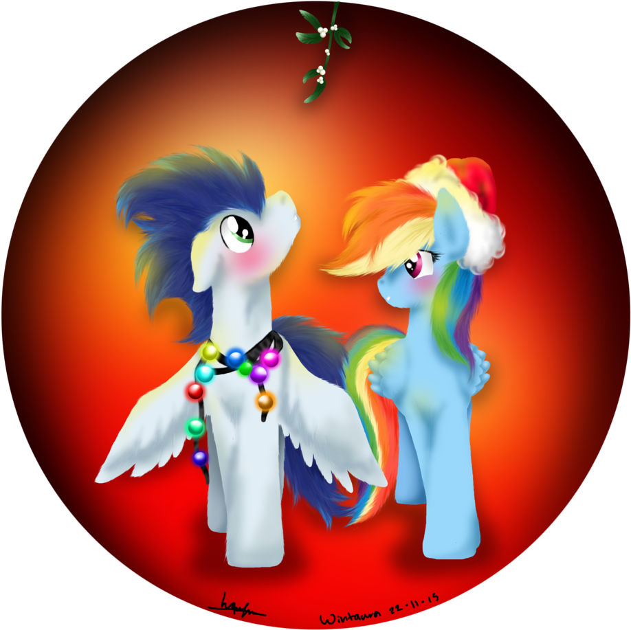 Wintaura, Bauble, Christmas, Cute, Female, Male, Mistletoe, - Mlp Rainbow Dash And Soarin Kiss Mistletoe (1024x1024), Png Download