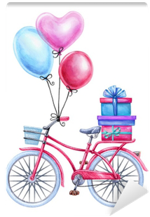 Watercolor Illustration, Bicycle, Balloons, Gift Boxes, - Balloons With Bike Clipart (400x400), Png Download