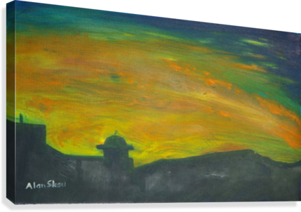 Building Silhouettes Against A Fiery Sky - Painting (429x302), Png Download