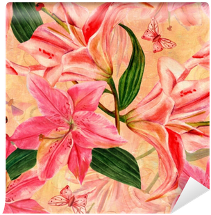 Seamless Golden Pattern With Watercolor Lilies And - Tender Pink Lilies And Butterflies Round Pill Box/pill (400x400), Png Download