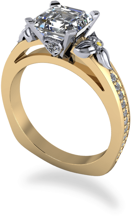 Platinum And Yellow Gold Asscher Cut Floral Ring - Ring (800x800), Png Download
