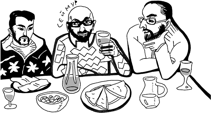 Drawing Of Seymur And Friends Eating - Drawing (700x388), Png Download